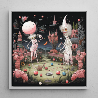 Grand Day out - Creepy Lowbrow Surreal Art Print / Canvas Framed Surrealist Artwork Two Whimsical Skeletal Figures Dreamlike Creepy Lowbrow