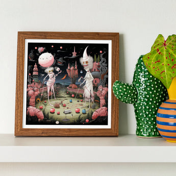 Grand Day out - Creepy Lowbrow Surreal Art Print / Canvas Framed Whimsical Artwork Pink Landscape Fantastical Creatures, Prints