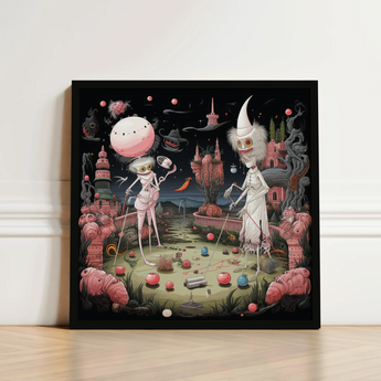 Black-framed Surreal Artwork Whimsical Skeletal Figures Dreamlike Landscape Creepy Lowbrow, Art, Print