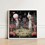 Framed Artwork Two Whimsical Skeletal Figures Surreal Landscape Creepy Lowbrow, Art, Print