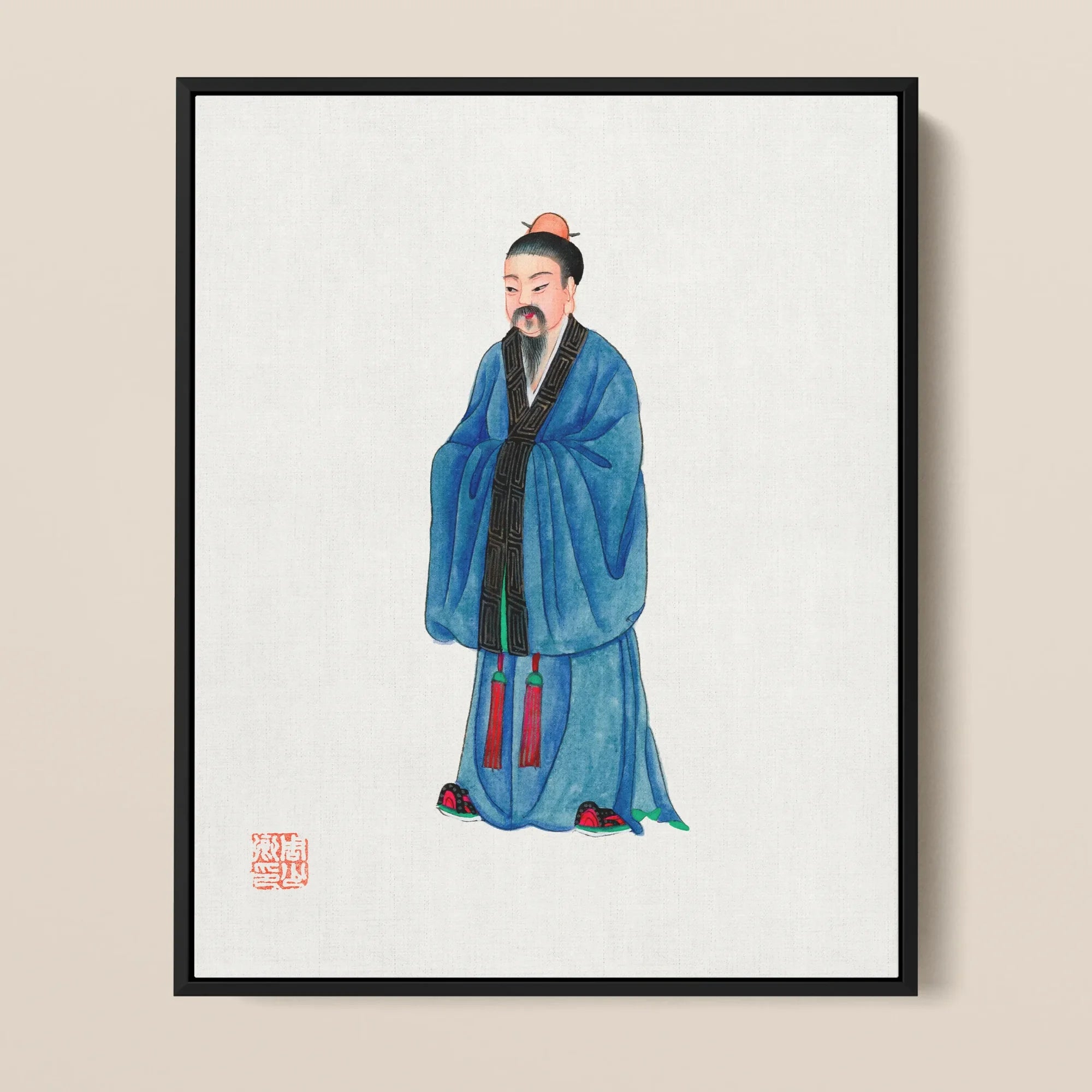 Grand Master - Manchu Fashion Framed Canvas, Traditional Chinese Painting Bearded Man Blue Robes
