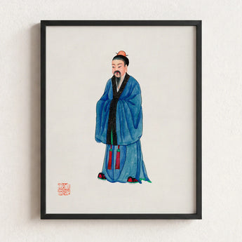 Framed Traditional Chinese Watercolor Portrait Scholar Blue Robes Qing Dynasty Manchu, Fashion Art, Confucian Erudition
