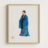Framed Watercolor Painting Traditional Chinese Scholar Blue Robes Qing Dynasty Manchu, Fashion Art, Confucian Erudition