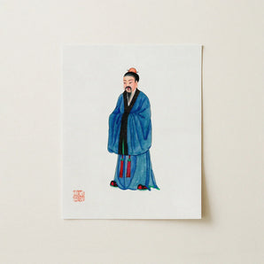 Grand Master - Qing Dynasty Art Print / Canvas Blue Traditional Chinese Robe Painting White Paper Manchu, Fashion, Confucian Erudition