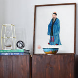Grand Master - Qing Dynasty Art Print / Canvas Framed Watercolor Painting Figure Traditional Chinese Blue Robes Qing Dynasty Manchu, Manchu