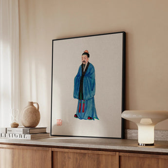 Grand Master - Qing Dynasty Art Print / Canvas Framed Watercolor Portrait Traditional Chinese Figure Blue Robes Qing Dynasty Manchu, Manchu
