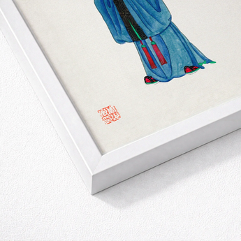 Framed Watercolor Painting Figure Blue Traditional Robes Red Qing Dynasty Manchu, Fashion Art, Confucian Erudition