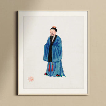Grand Master - Qing Dynasty Art Print / Canvas Traditional Chinese Watercolor Painting Scholar Blue Robe Manchu, Fashion, Confucian