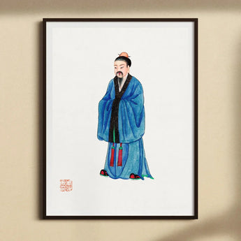Grand Master - Qing Dynasty Art Print / Canvas Traditional Chinese Watercolor Painting Scholar Blue Robes Qing Dynasty Manchu, Manchu