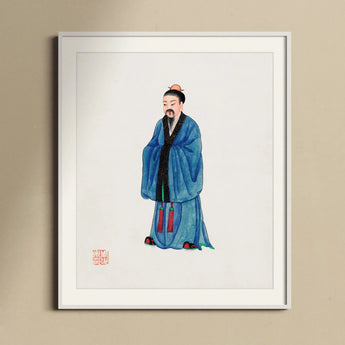 Grand Master - Qing Dynasty Art Print / Canvas Traditional Chinese Watercolor Painting Scholar Blue Robes Qing Dynasty Manchu, Manchu