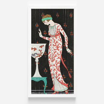 Art Print White Frame Illustrated Woman Long Coral-patterned George Barbier, Robe Du Soir, Deco Elegance