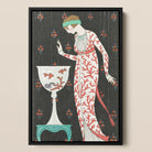 Grande Robe Du Soir George Barbier Framed Canvas, Stylized Art Deco Illustration Slender Woman Patterned Dress