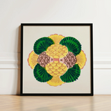 Vibrant Square-framed Artwork Stylized Pineapple Green Leafy Accents Taguchi Tomoki, Tsubaki Woodblock Print, Graphic Bloom