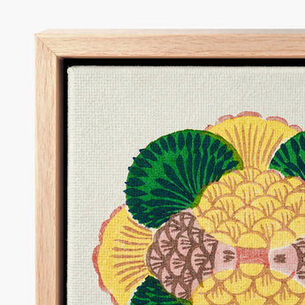 Vibrant Hand-painted Canvas Artwork Stylized Green Yellow Floral Taguchi Tomoki, Tsubaki Woodblock Print, Graphic Bloom
