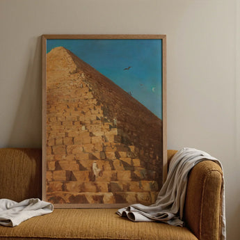 Great Pyramid of Giza - Adrien Dauzats Art Print / Canvas Framed Painting Golden Pyramid Blue Sky Figures Birds Giza Fractures, Gargantuan