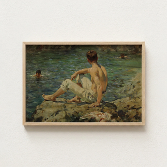 Framed Oil Painting Shirtless Man Light-colored Trousers Rocks Scott Tuke Transposes, Seaside Art Print, Fleeting Touch