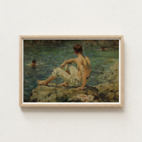 Framed Oil Painting Young Man Light-colored Trousers Rocks Scott Tuke Transposes, Seaside Art Print, Fleeting Touch