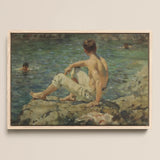 Green and Gold - Henry Scott Tuke Art Print / Canvas Framed Oil Painting Young Man Light-colored Trousers Rocks Transposes, Seaside,