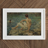 Green and Gold - Henry Scott Tuke Art Print / Canvas White Framed Painting Boy Rocks Water Transposes, Seaside, Fleeting Touch Prints