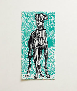 Turquoise Black Linocut Print Slender Elegant Greyhound Alert Moriz Jung Lithograph, Dog