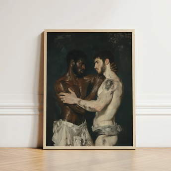 Framed Painting Two Muscular Men Intimate Embrace Rendered Neoclassical Gay Bodybuilders, Art Print
