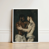 Framed Painting Two Muscular Men Intimate Embrace Rendered Neoclassical Gay Bodybuilders, Art Print