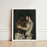 Framed Painting Two Muscular Men Intimate Embrace Rendered Neoclassical Gay Bodybuilders, Art Print