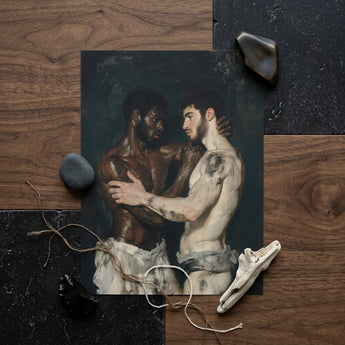 Gripped - Neoclassical Gay Bodybuilders Art Print / Canvas Printed Artwork Two Muscular Men Intimate Embrace Rendered, Prints