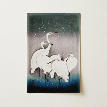 Serene Japanese-style Painting Five Elegant White Herons Amidst Ohara Koson, Art Print, Shirasagi Wait, Clawed Foot
