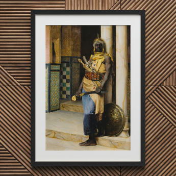 Guarding the Palace - Ludwig Deutsch Orientalism Art Print / Canvas Black-framed Art Print Detailed Painting Armored Figure Ornate Ludwig