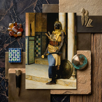 Guarding the Palace - Ludwig Deutsch Orientalism Art Print / Canvas Framed Painting Dark-skinned Warrior Ornate Golden Armor Yellow Ludwig