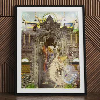 Guest of Honour - Buddhist Collage Fusion Art Print Black-framed Stylized Balinese Temple Entrance Intricate, Psychedelic Realm,