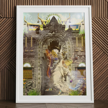 Guest of Honour - Buddhist Collage Fusion Art Print Framed Artwork Surreal Colorful Scene Intricate Stone Architecture, Psychedelic Realm,
