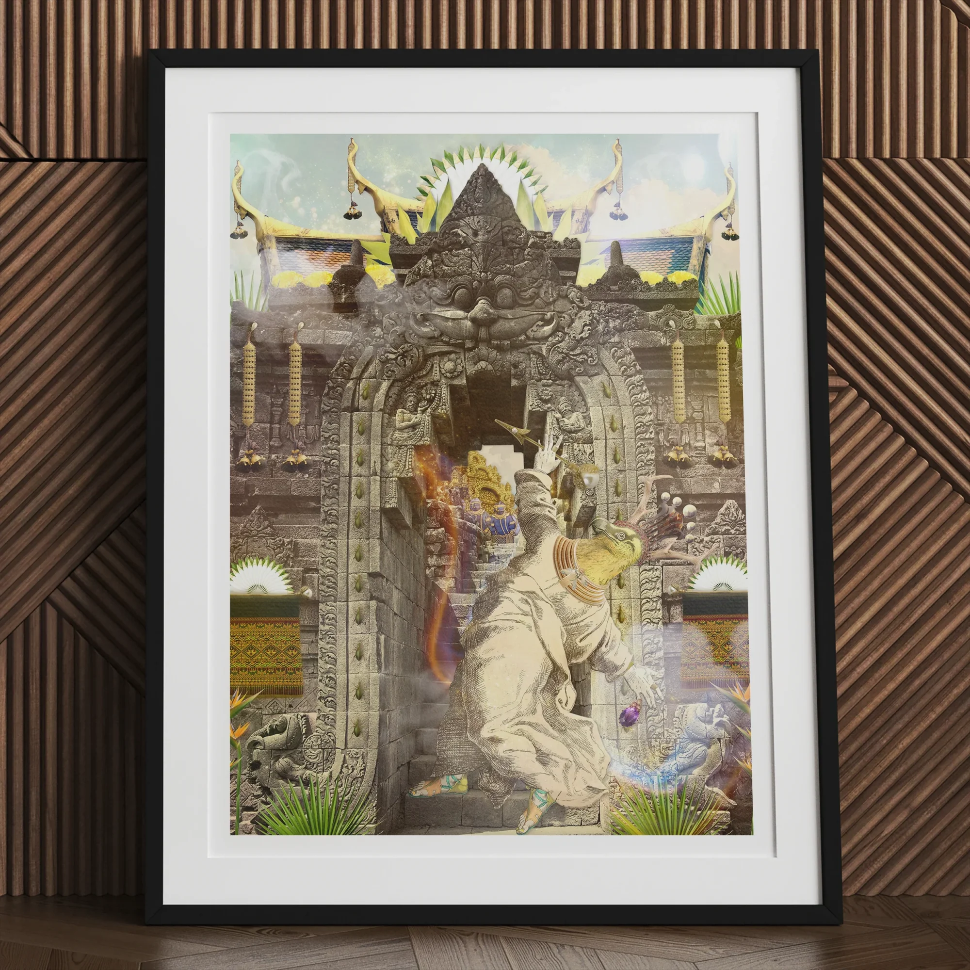 Guest of Honour Buddhist Collage Fusion Art Print, Framed Surrealist Artwork Classical Statue Ornate Architectural Gateway