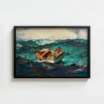 Framed Oil Painting Man Boat Turbulent Seas Sharks Winslow Homer’s Gulf Stream, American Realism Art