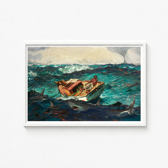 Framed Painting Man Boat Turbulent Ocean Waves Sharks Winslow Homer’s Gulf Stream, American Realism Art