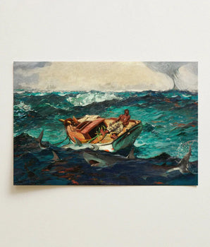 Rectangular Canvas Painting Boat Turbulent Teal-blue Ocean Waves Winslow Homer’s Gulf Stream, American Realism Art