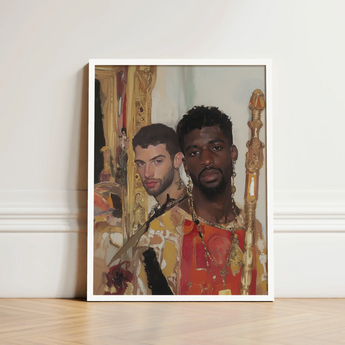 Framed Portrait Two Men Ornate Gold-accented Attire White Gay Interracial Couple, Art, Antinous Stand