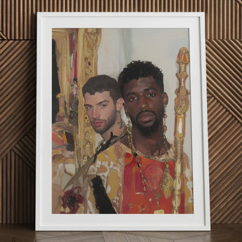 Hadrian & Antinous - Gay Interracial Couple Art Print / Canvas Framed Portrait Painting Two Men Ornate Gold-accented Attire, Stand Prints