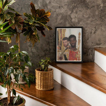 Hadrian & Antinous - Gay Interracial Couple Art Print / Canvas Framed Portrait Photograph Wooden Surface Among Potted Plants, Stand Prints
