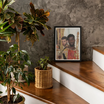 Hadrian & Antinous - Gay Interracial Couple Art Print / Canvas Framed Portrait Photograph Wooden Surface Among Potted Plants Gay