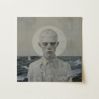 Halo Sailor - Queer Maritime God Art Print / Canvas Muted-toned Painting Pale-skinned Figure Light-colored Shirt Ocean