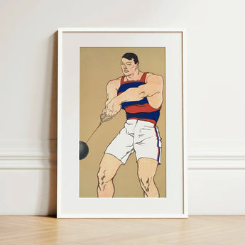 Hammer Throw - Edward Penfield Art Print / Canvas Prints Framed Illustration Muscular Man Red Blue Striped Tank Penfield Painted Strength,