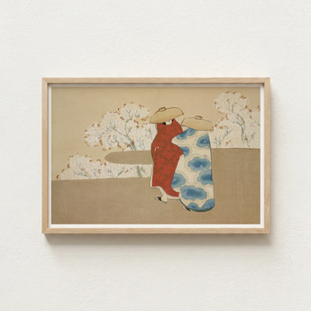Framed Japanese-style Artwork Two Figures Traditional Attire Red Kamisaka Sekka’s Hanami, Meiji Era Rinpa Revival, Season