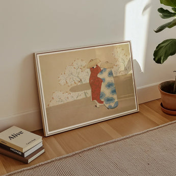 Hanami Season - Kamisaka Sekka Art Print / Canvas Framed Artwork Two Cats Red Blue Beige Background Kamisaka Sekka’s Hanami, Meiji Era