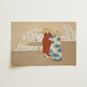 Hanami Season - Kamisaka Sekka Art Print / Canvas Traditional Japanese Woodblock Print Two Figures Red Blue Kamisaka Sekka’s Hanami, Meiji