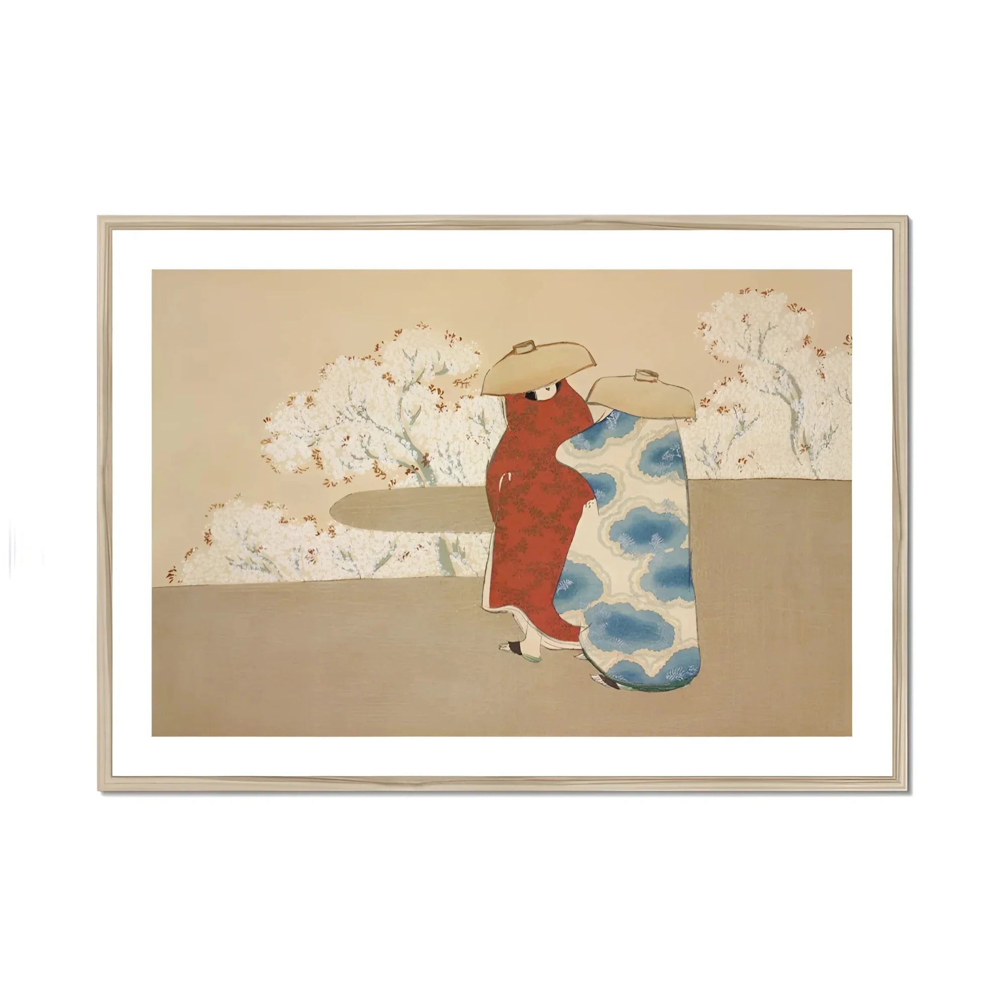 Hanami Season - Kamisaka Sekka Art Print, Japanese Woodblock Print Figure Red Blue Patterned Kimono