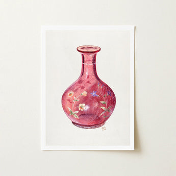 Hand Painted Carafe - Ralph Atkinson Art Print / Canvas Watercolor Painting Translucent Crimson Glass Vase Delicate Floral Hand-painted,