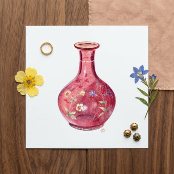 Hand Painted Carafe - Ralph Atkinson Art Print / Canvas Delicate Pink Glass Vase Intricate Floral Patterns Slender Hand-painted Carafe Art,