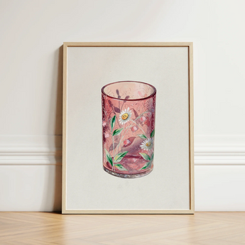 Hand Painted Glass - Ralph Atkinson Art Print / Canvas Pink Candle Holder Delicate White Daisies Green Hand-painted, Decorative, Bygone Era